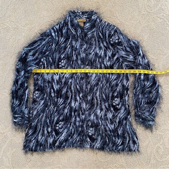 Long Sleeve Button Down Faux Feather Fringe Shacket Black White Women's Large - Picture 9 of 10